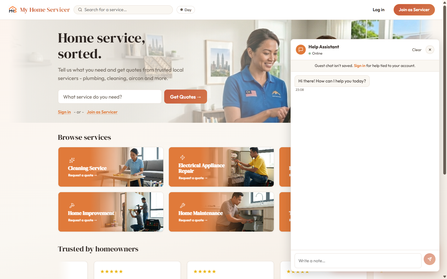 Customer experience: browse services, AI chat, book, track